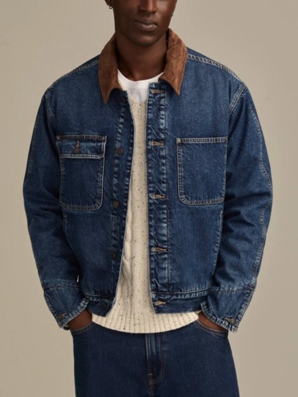 Mens Lucky Brand Corduroy Collar Denim Jacket sz L